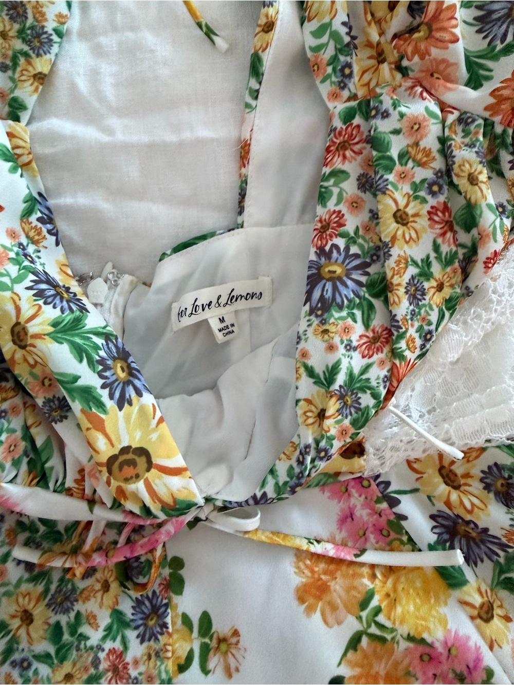For Love & Lemons Floral Mini Dress in White, Yellow, Pink, Green - Picture 3 of 3